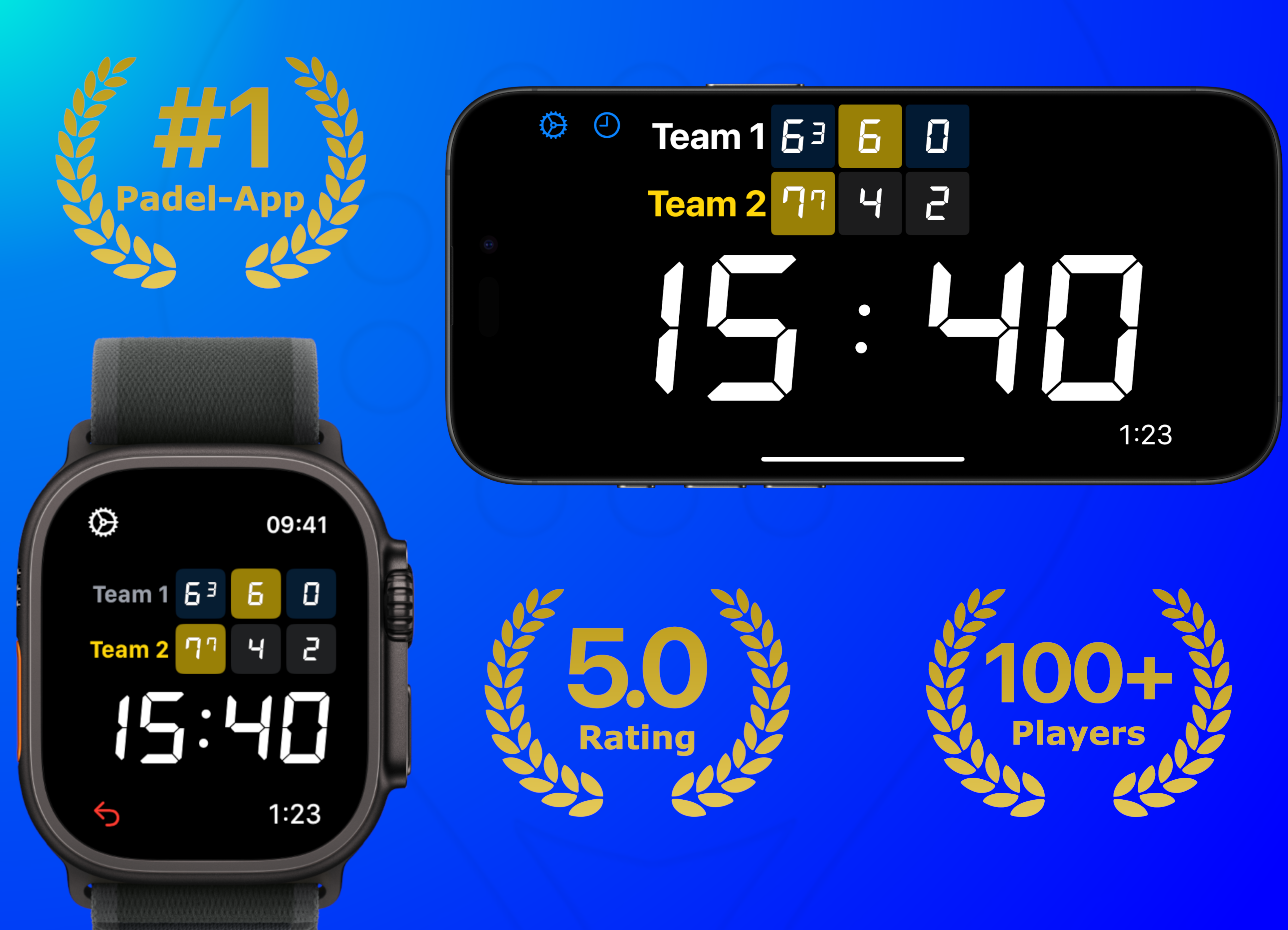 PadelCounter app on Apple Watch next to a player on court