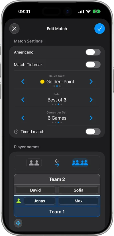 PadelCounter's match rules, with the Americano switch at the top