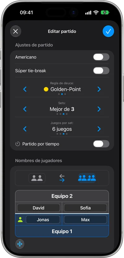 Las reglas del partido en PadelCounter, con el interruptor de Americano arriba